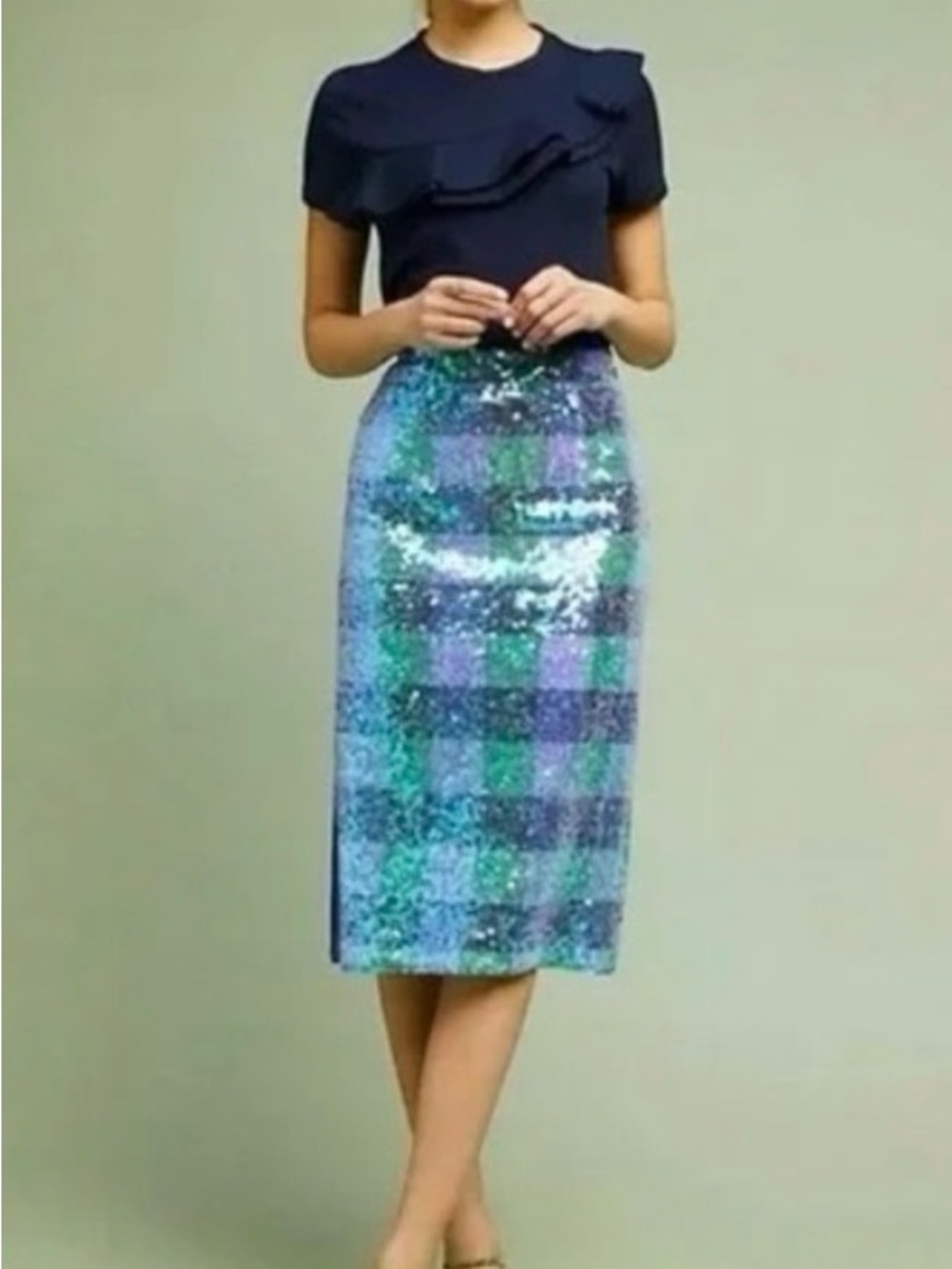 Anthropologie Maeve Sequin Green Blue Purple Plaid Checkered Midi Skirt